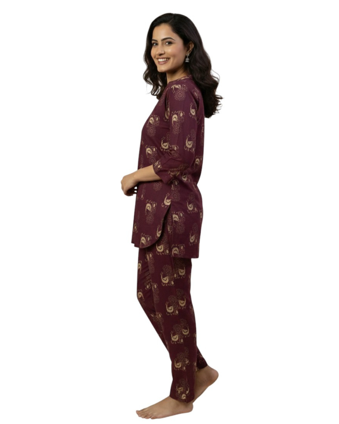 Wine Maroon Ethnic Bird Print Cotton Co-ord Set