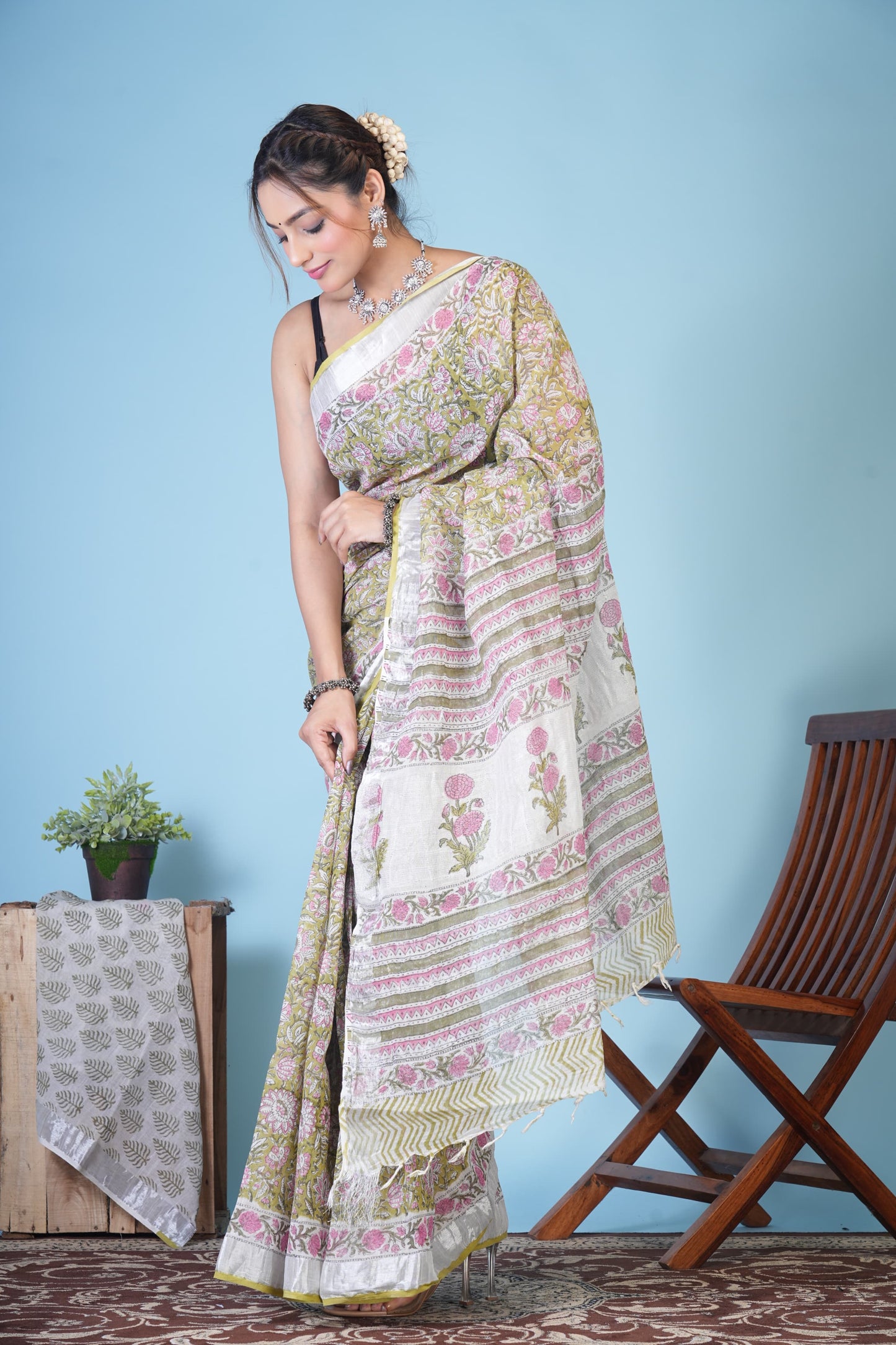 Vasanta Olive Bloom Linen Saree