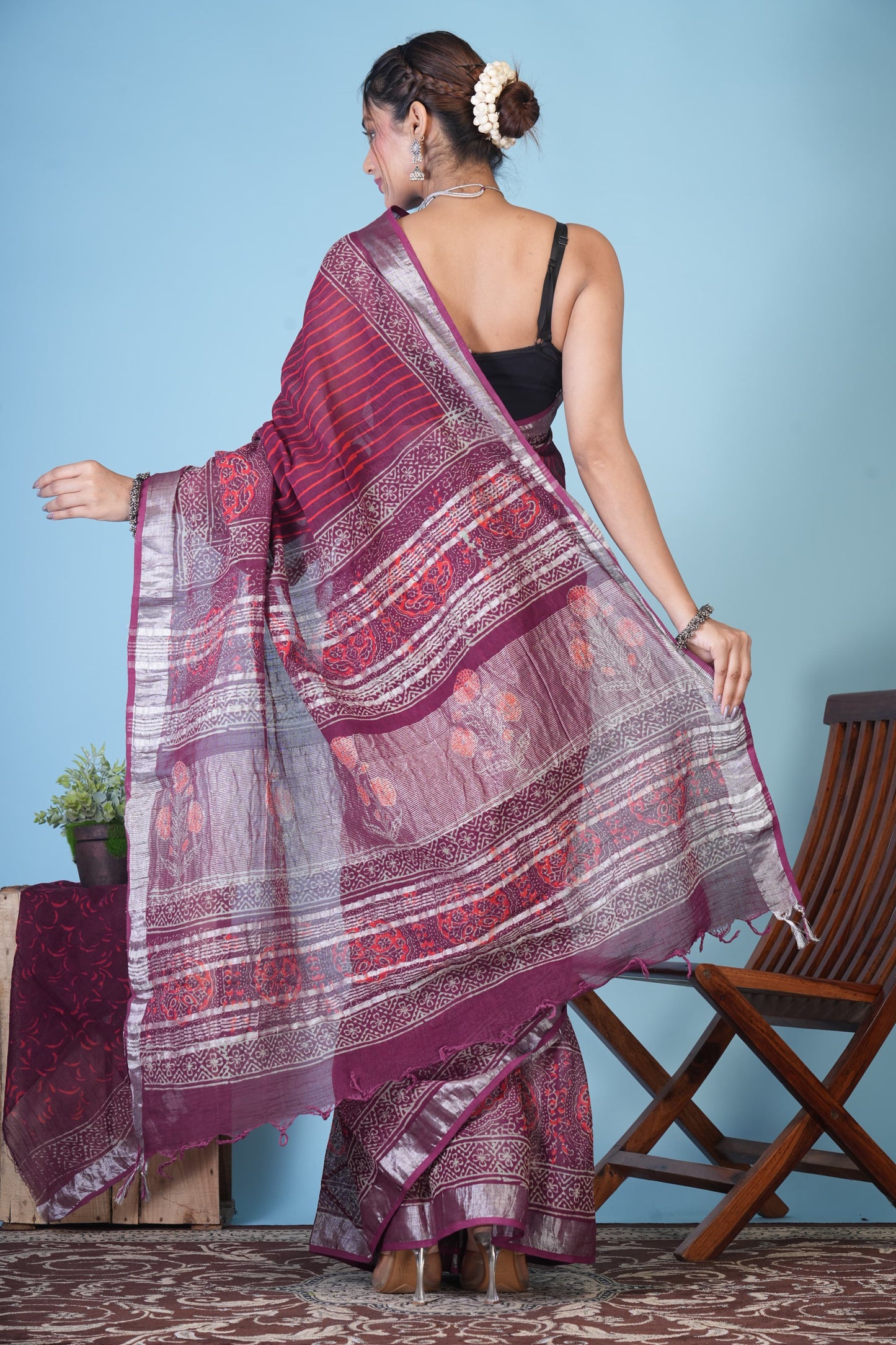 Raagini Wine Stripe Linen Saree