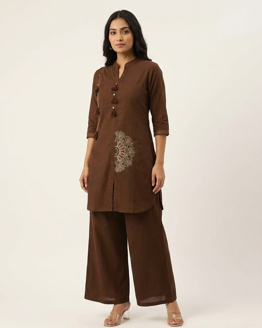 Elegant Front-Button Tassel Kurta with Mandala Embroidery