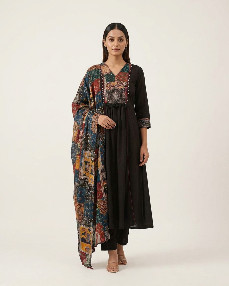Heritage Patchwork Print Gathered Kurta Set with Statement Dupatta