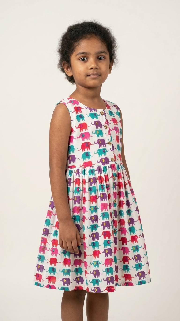 Elephant Parade: Girls' Cotton sleeveless Printed Frock