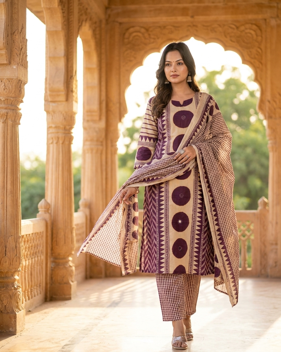 Geometric Print 3-Piece Kurta Set in Purple