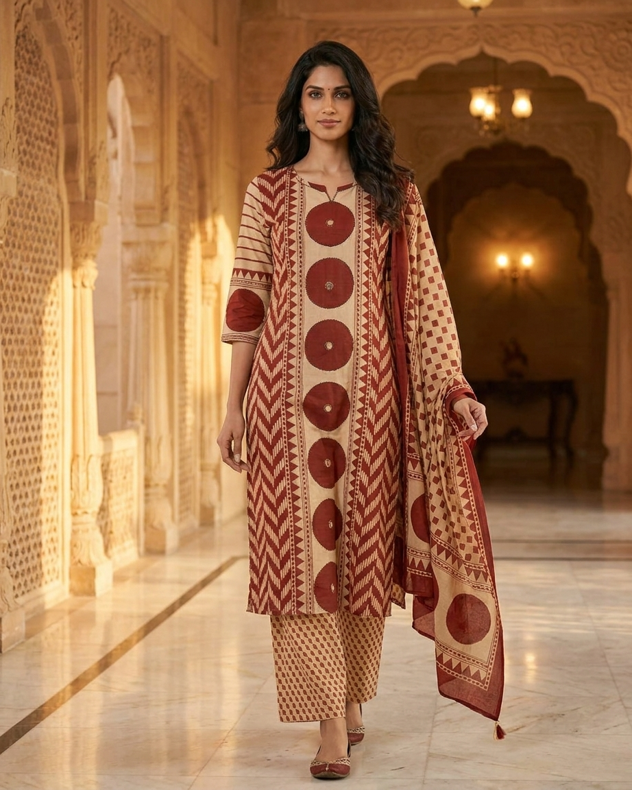 Geometric Print 3-Piece Kurta Set in Red
