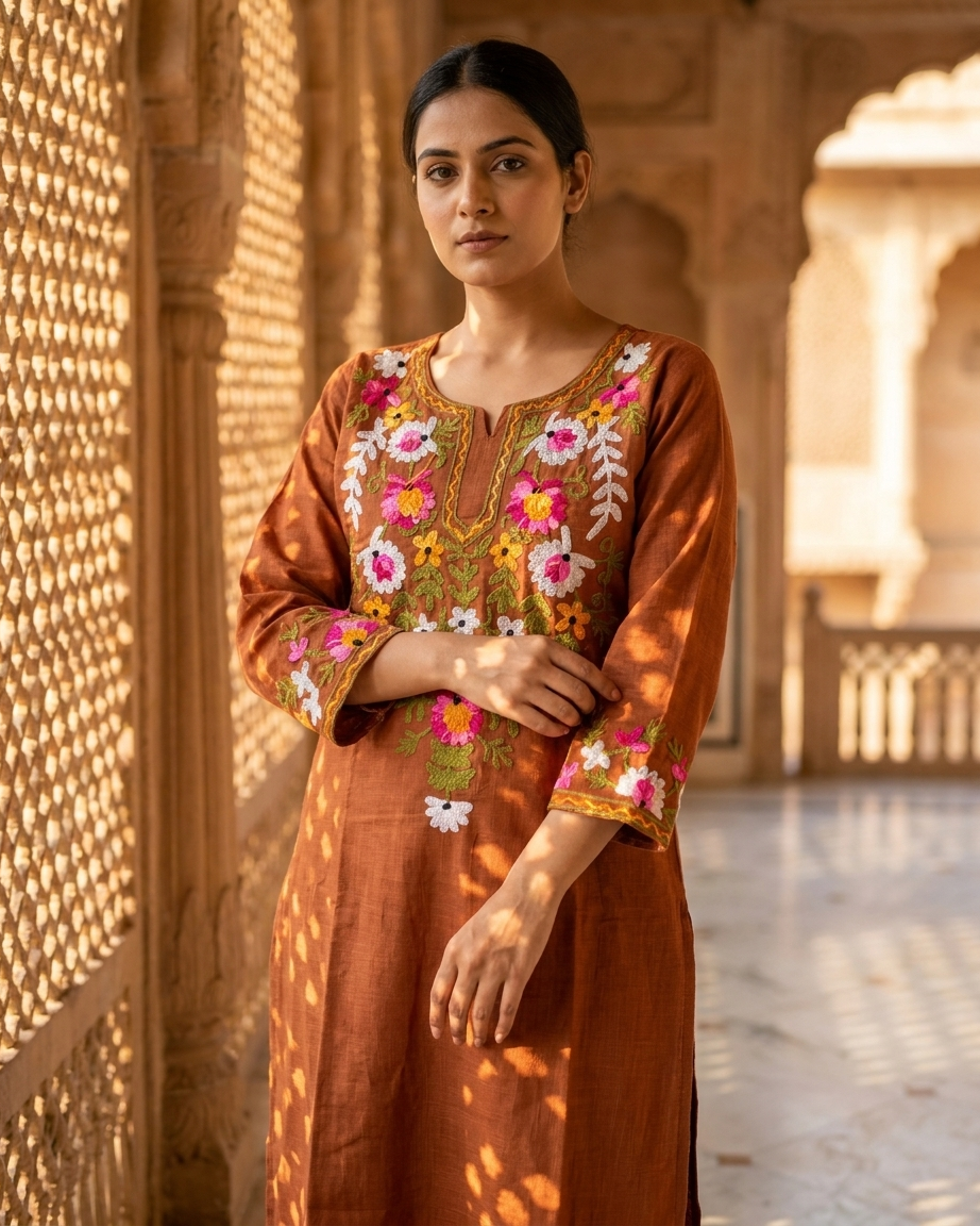 Floral Embroidered Kurta Set in Rust Brown