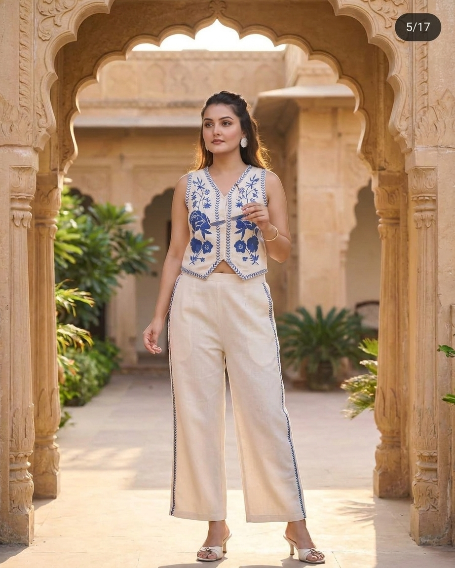 Ivory and Royal Blue Embroidered Waistcoat Co-ord Set