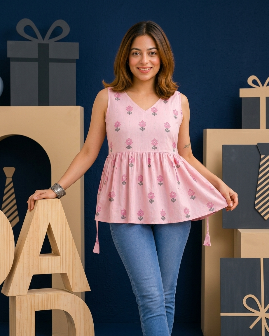 Soft Pink Floral Boota Sleeveless Peplum Top