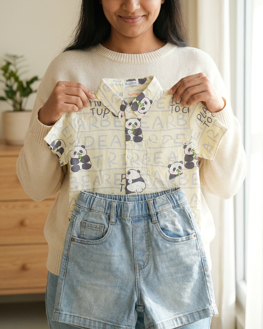 Panda Party: Boys' Cream Panda Print Shirt & Light-Wash Denim Shorts Set