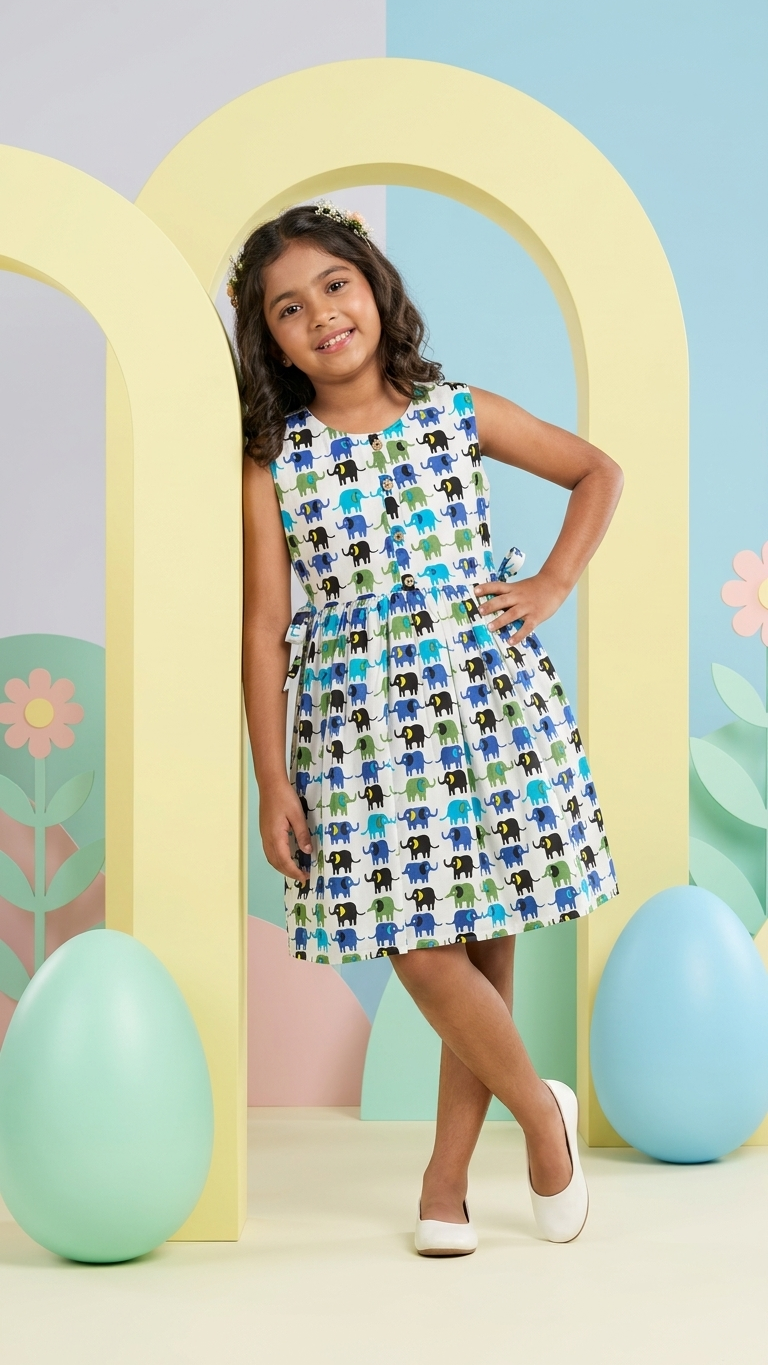 Royal Blue & Green Elephant Print Girls' Cotton Sleeveless Frock