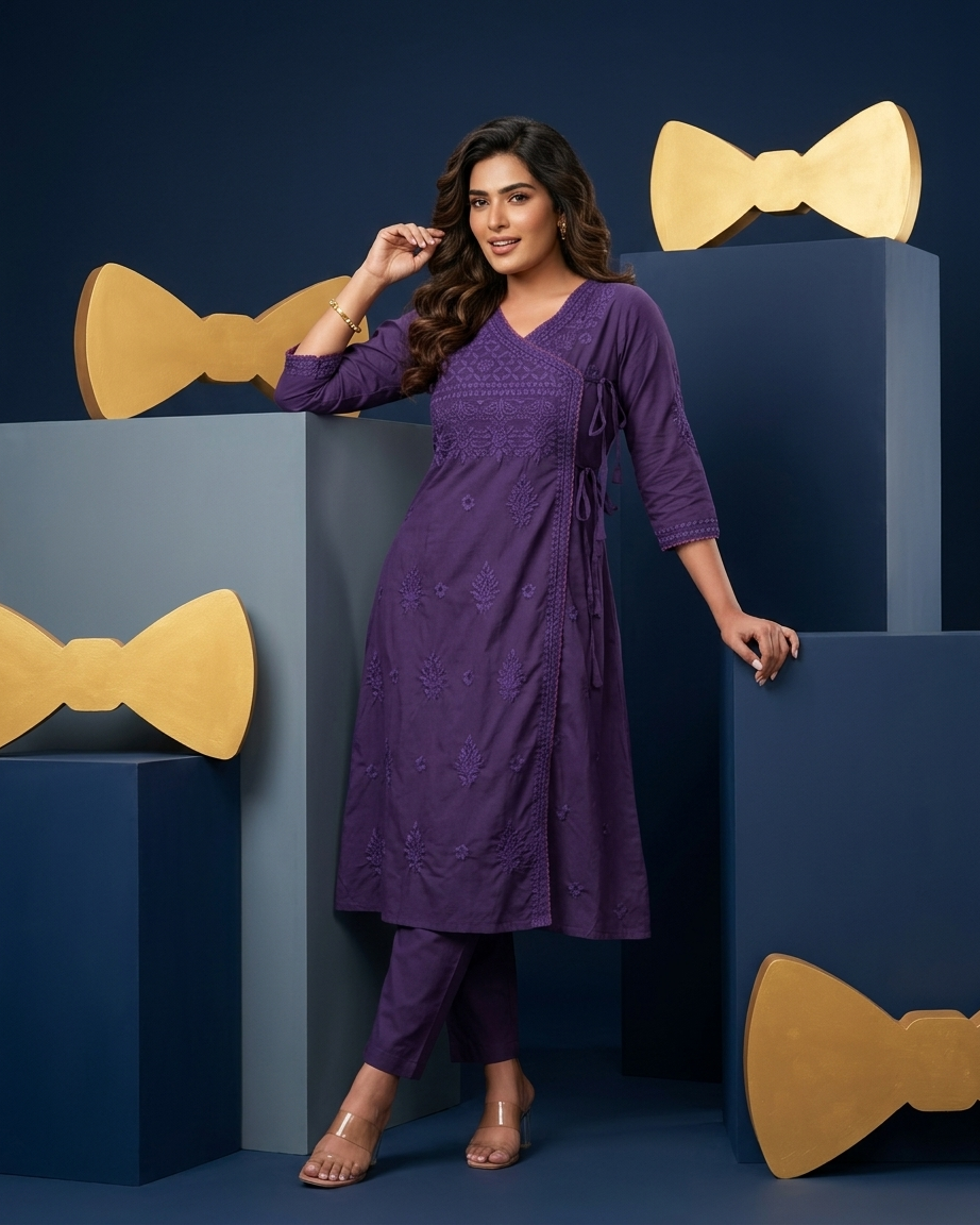 Soft Pastel Angrakha chikan kari Embroidered Kurta Set in Purple