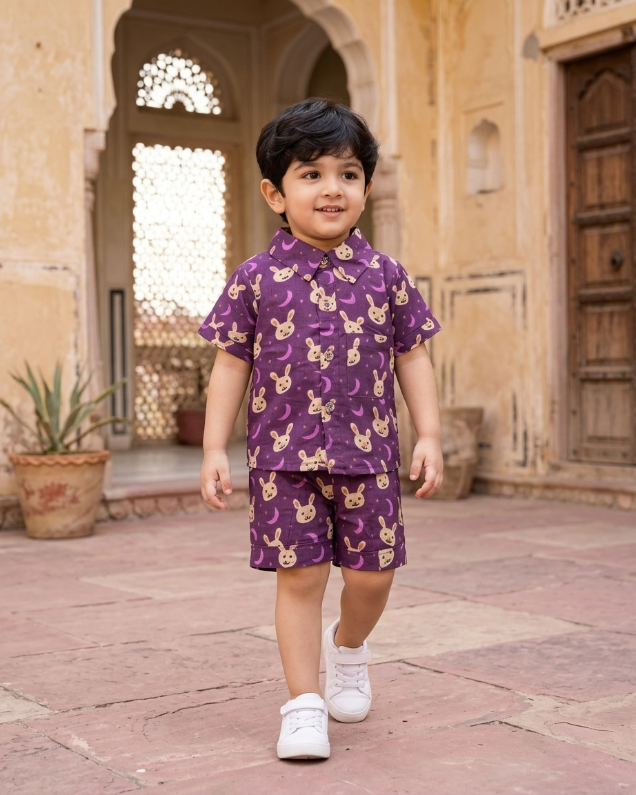 Midnight Bunny Boys' Cotton Co-ord Set: Shirt & Shorts