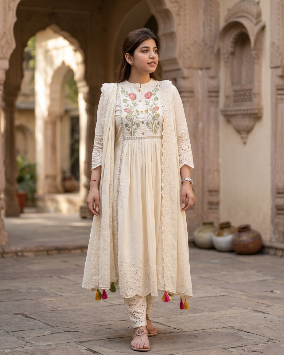 Ivory Floral Embroidered Gathered Kurta Set with Schiffli Detailing