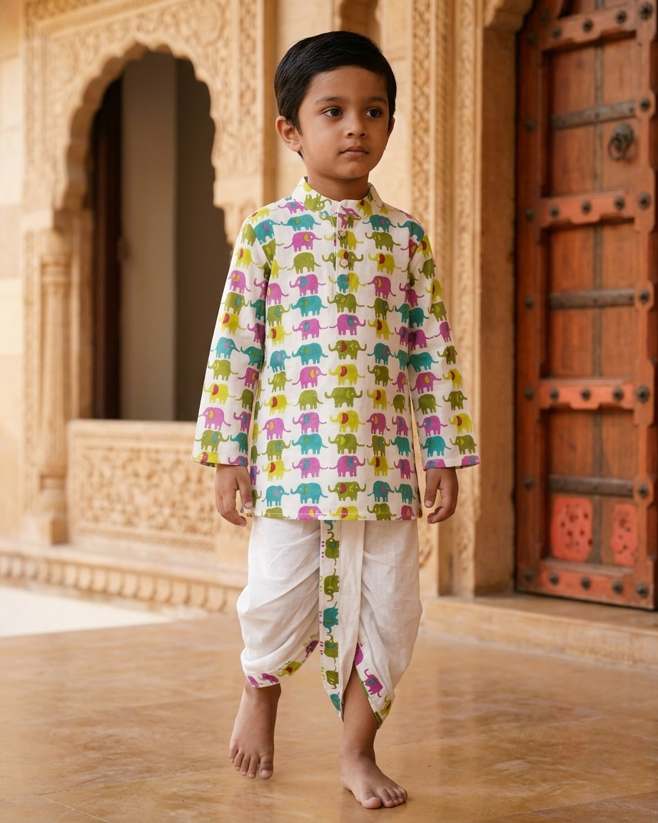 Playful Elephant Print Boys' Cotton Kurta & Ready-to-Wear Dhoti Set