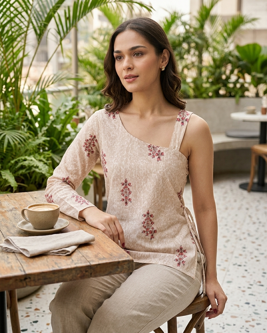Oatmeal Asymmetrical One-Sleeve Floral Boota Top