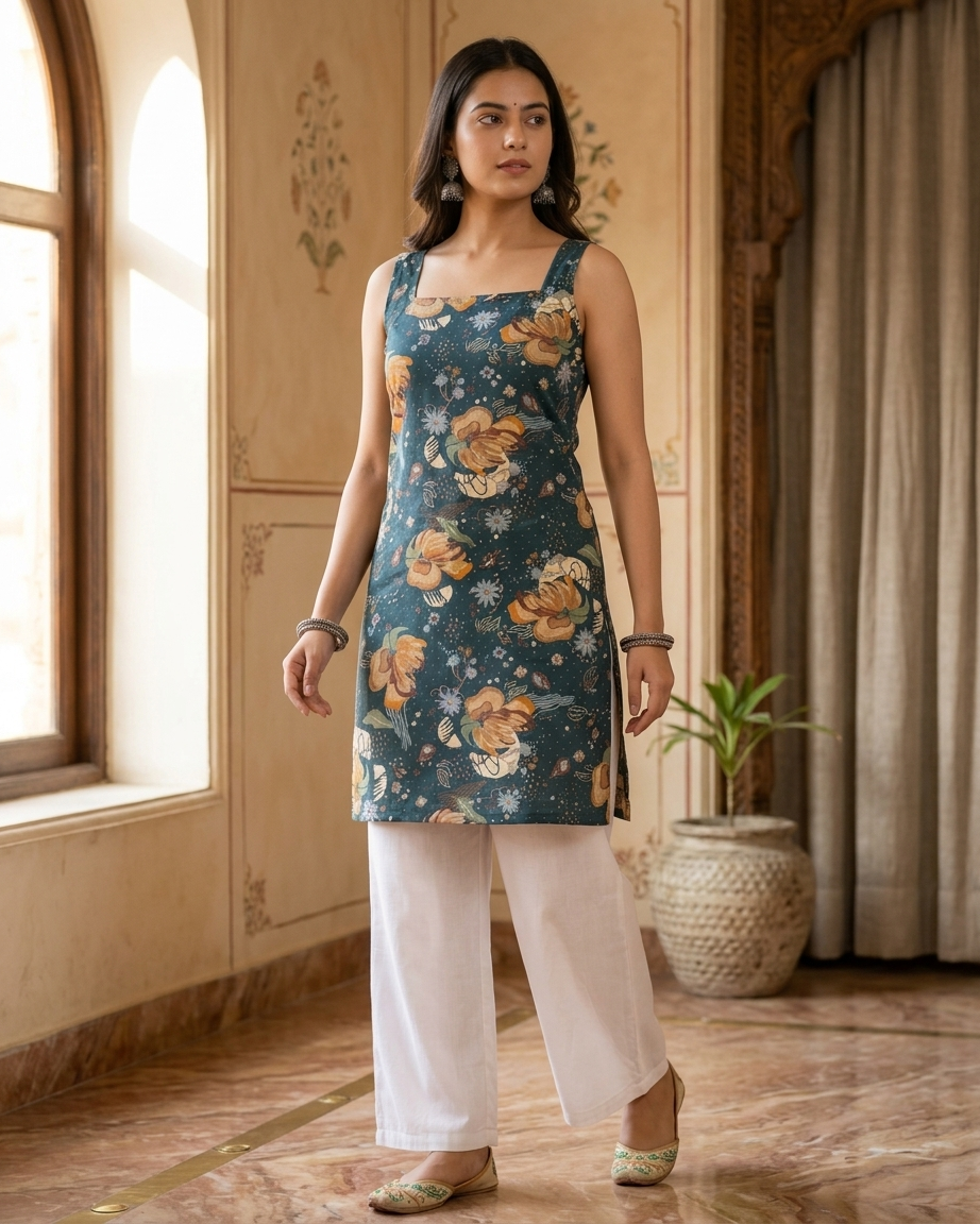 Midnight Teal Floral Sleeveless Short Kurti