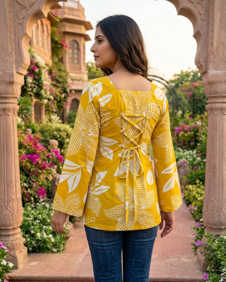 Golden Mustard Floral Corset-Back Tunic