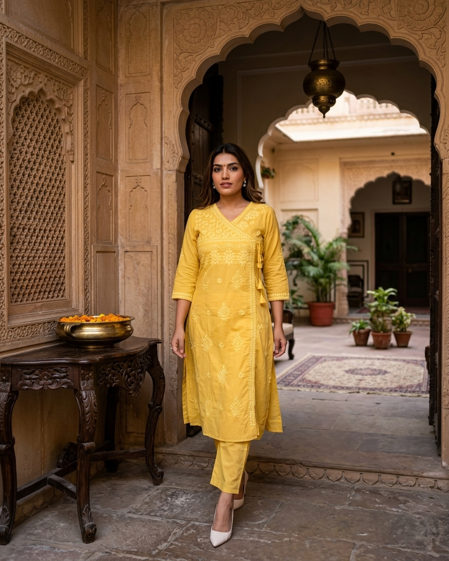 Soft Pastel Angrakha chikan kari Embroidered Kurta Set