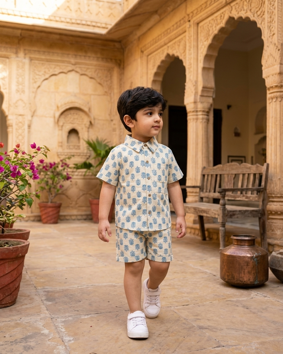 Indigo Boota Boys' Cotton Co-ord Set: Shirt & Shorts