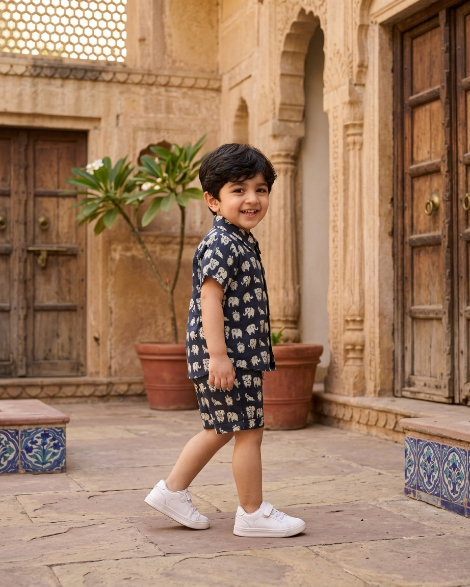 Midnight Elephant Boys' Cotton Co-ord Set: Shirt & Shorts