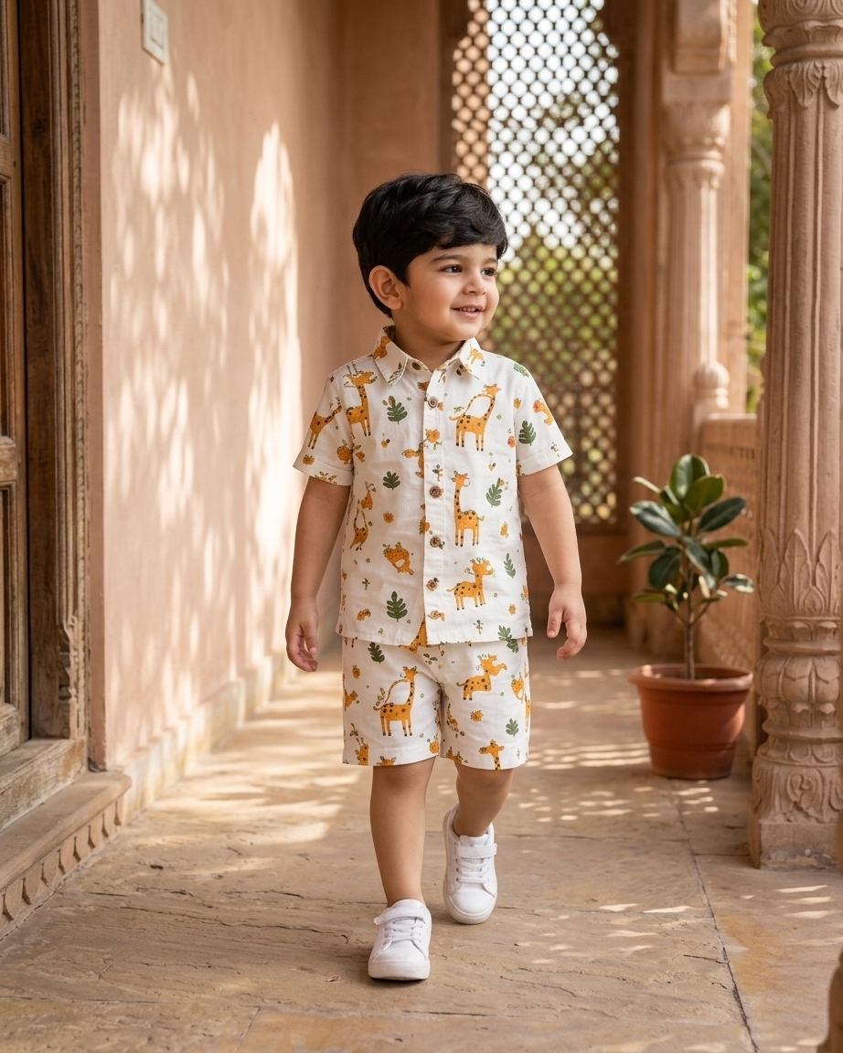 Safari Giraffe Boys' Cotton Co-ord Set: Shirt & Shorts