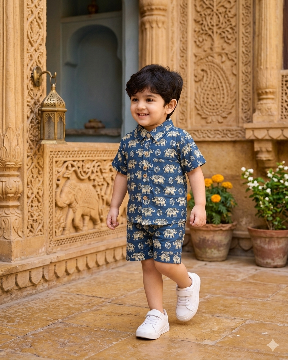 Slate Blue Elephant Motif Boys' Cotton Co-ord Set: Shirt & Shorts