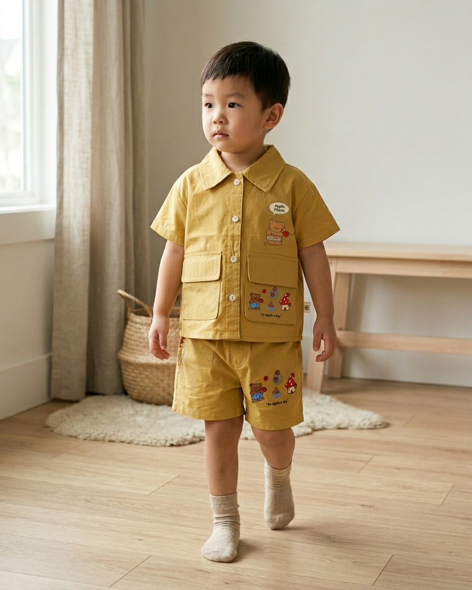 Mustard Meadow: Boys' Utility Cotton Set with Bear & Mushroom Graphics