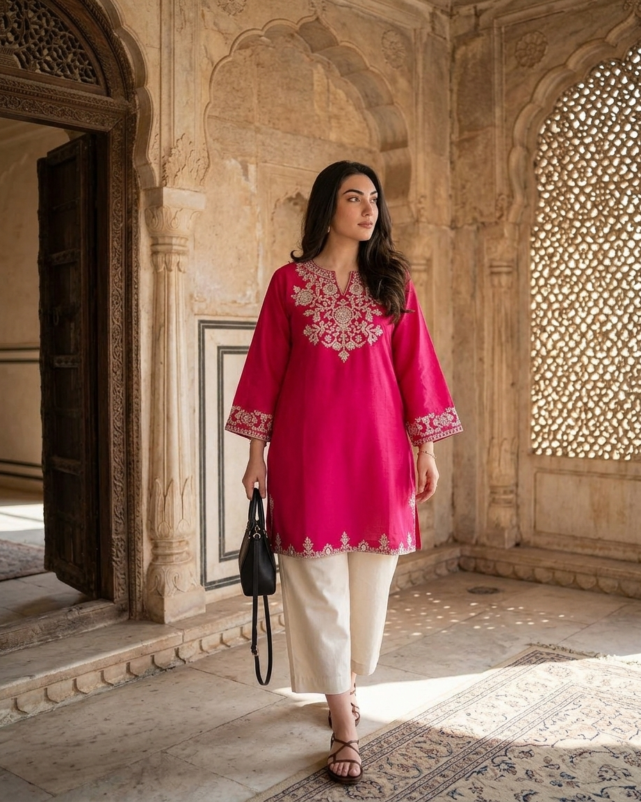 Heritage Embroidered Kurta Plazo set Rani pink