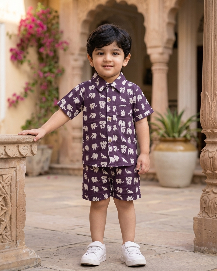 Plum Elephant Print Boys' Cotton Co-ord Set: Shirt & Shorts