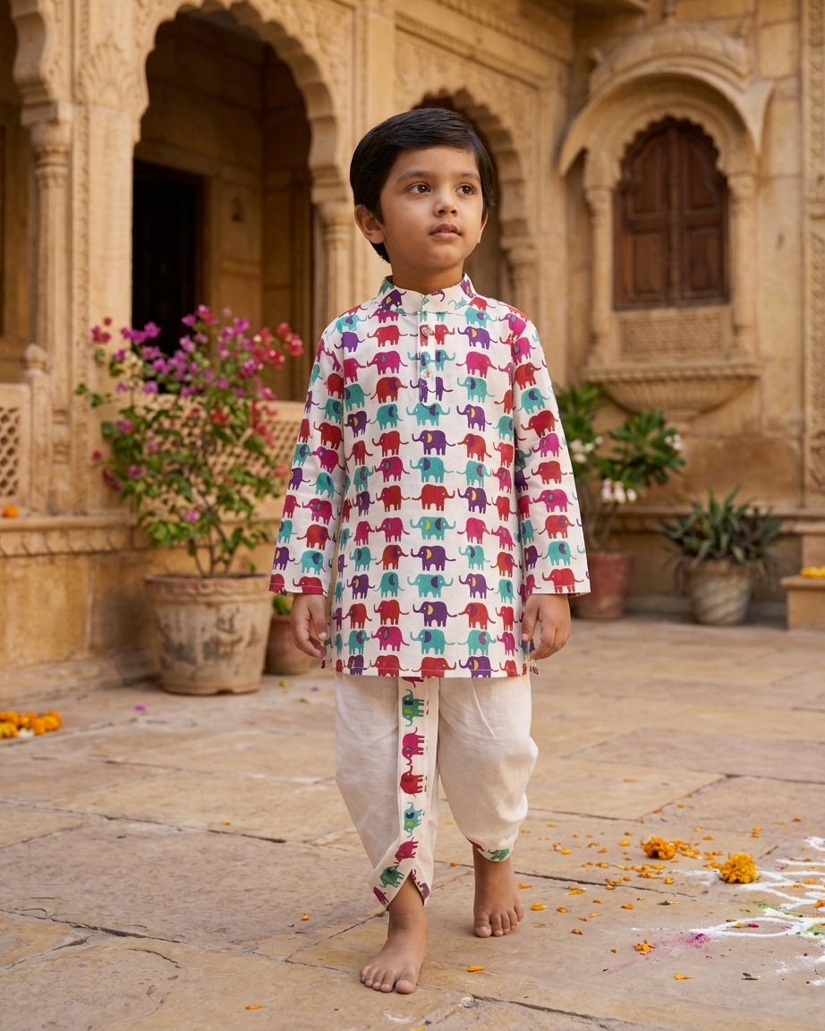 Festive Parade: Boys' Multi-Color Elephant Print Kurta & Dhoti Set