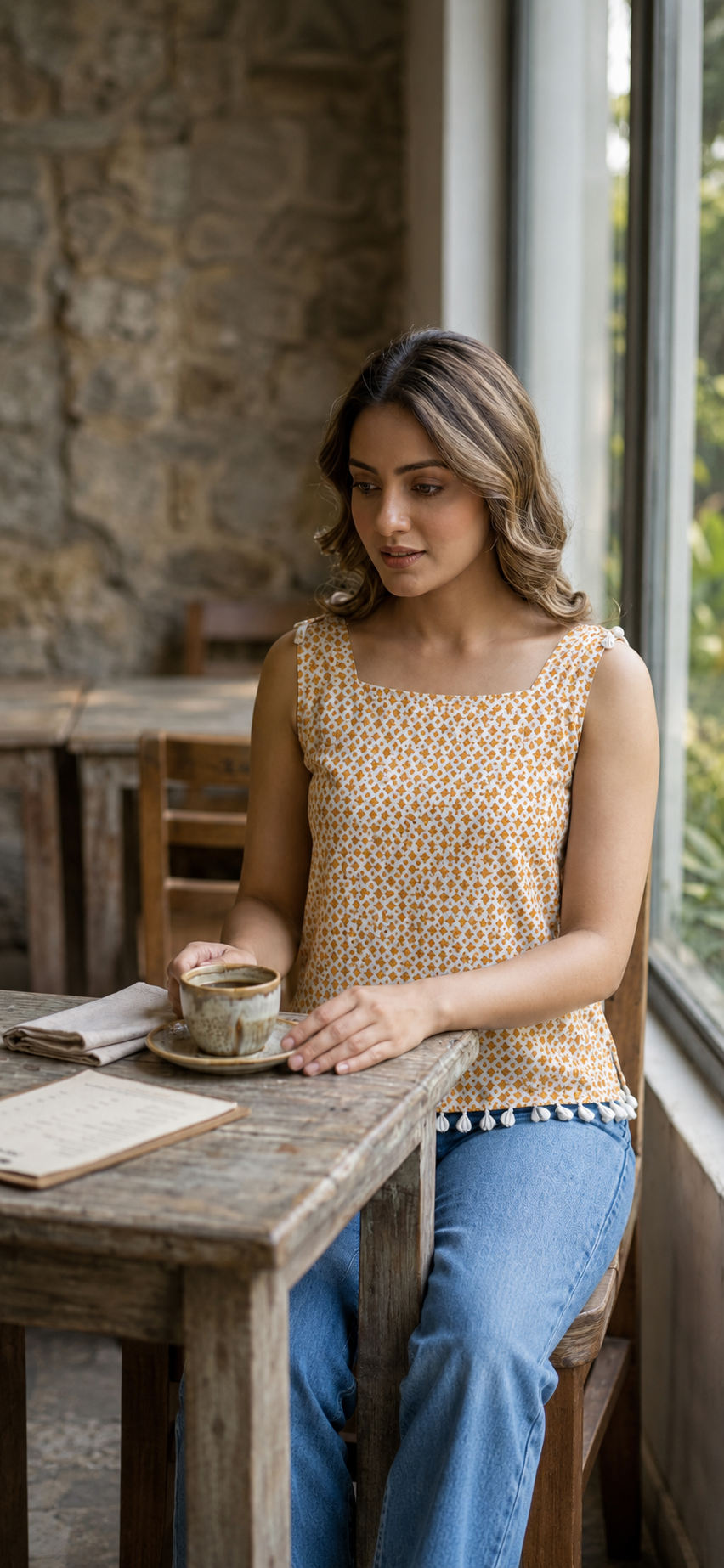 Sunlit Floral Cotton Sleeveless Top with kodi Shell Hem