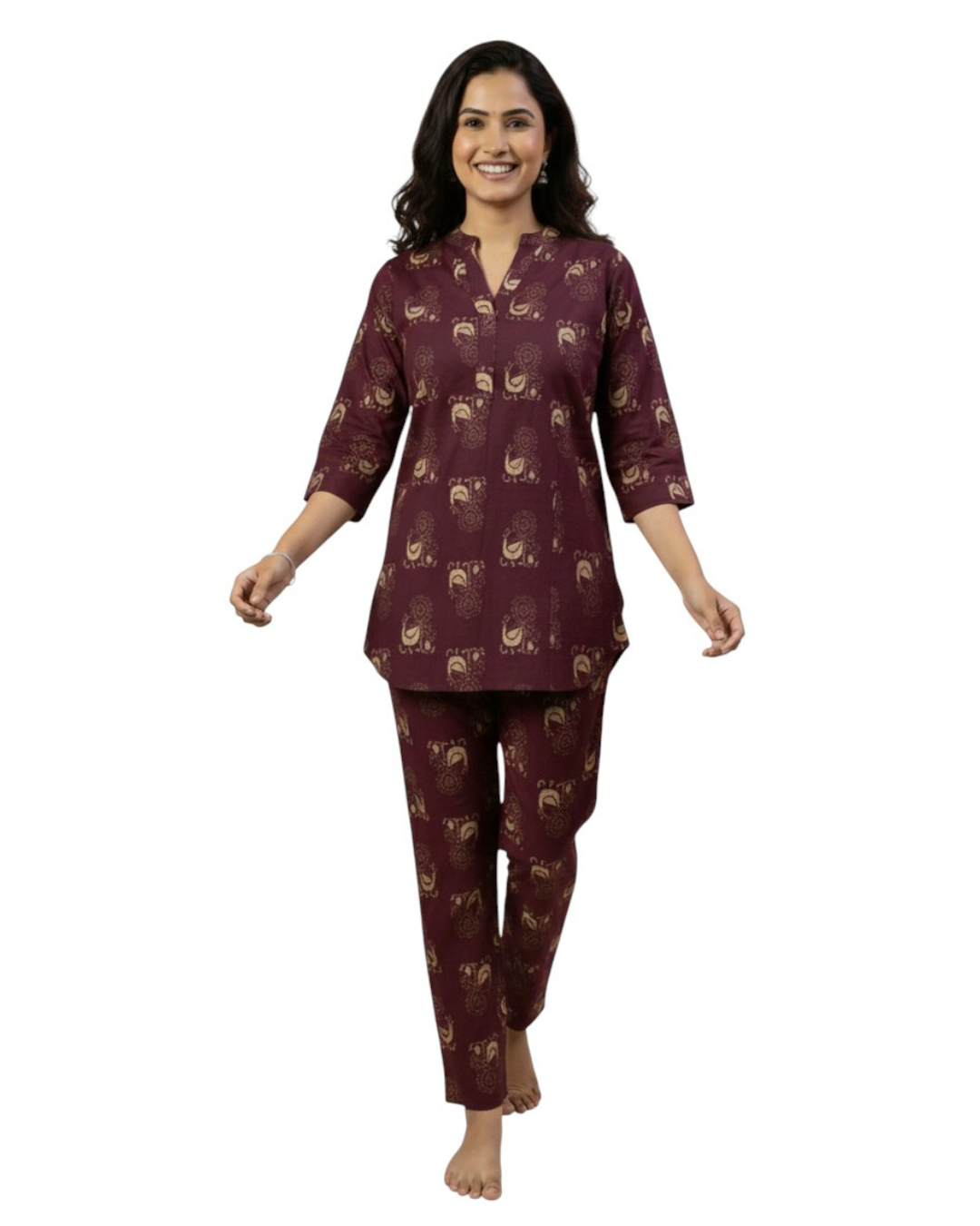 Wine Maroon Ethnic Bird Print Cotton Co-ord Set