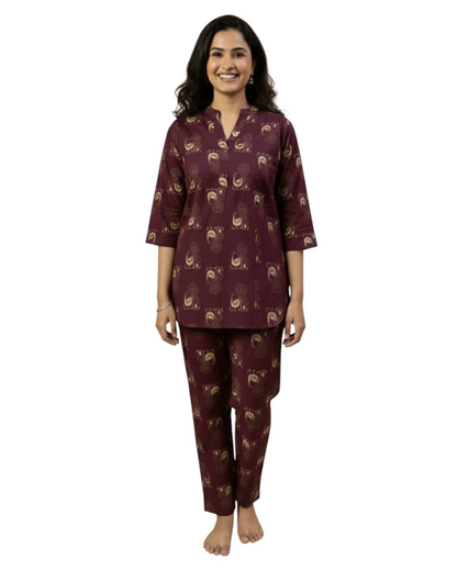 Wine Maroon Ethnic Bird Print Cotton Co-ord Set