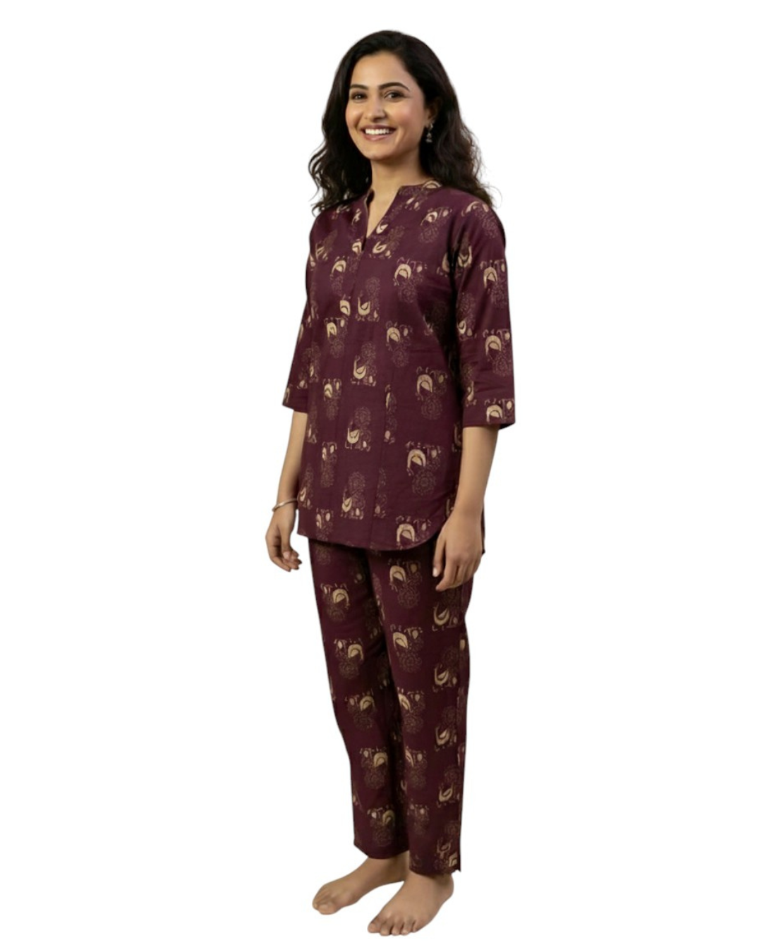 Wine Maroon Ethnic Bird Print Cotton Co-ord Set