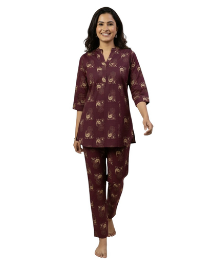 Wine Maroon Ethnic Bird Print Cotton Co-ord Set
