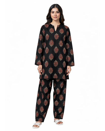 Midnight Black Ethnic Print Cotton Co-ord Set