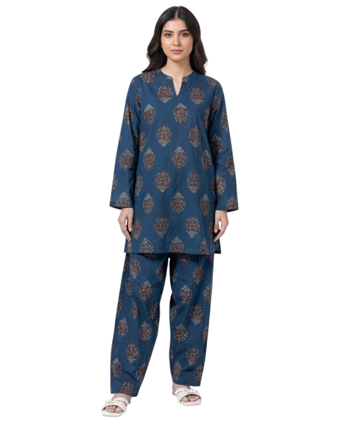 Teal Blue Ethnic Print Cotton Co-ord Set