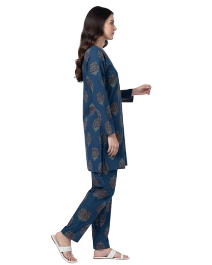 Teal Blue Ethnic Print Cotton Co-ord Set