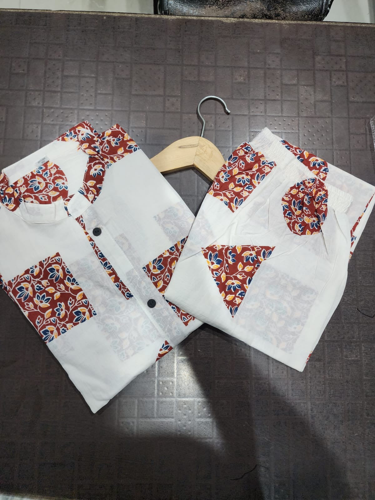 Ivory & Madder Red Geometric Patchwork-Style Kurta Set with plazo