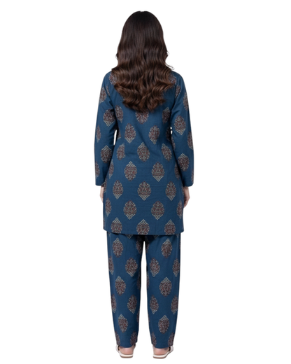 Teal Blue Ethnic Print Cotton Co-ord Set