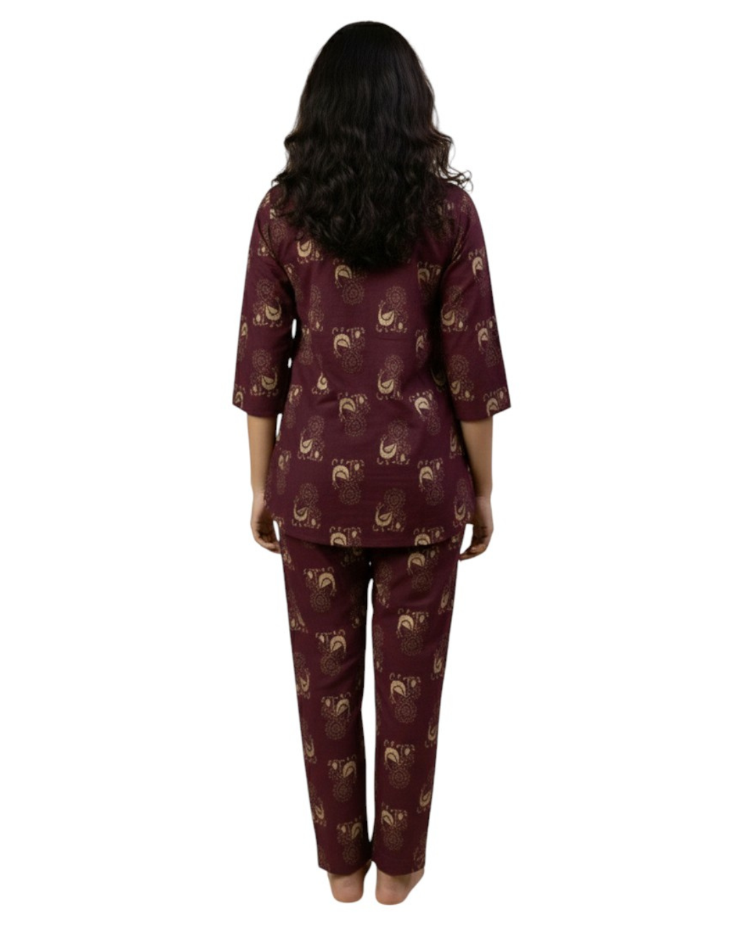Wine Maroon Ethnic Bird Print Cotton Co-ord Set