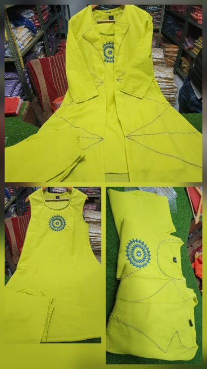 3-Piece Layered Lime Yellow Jacket Kurta Set