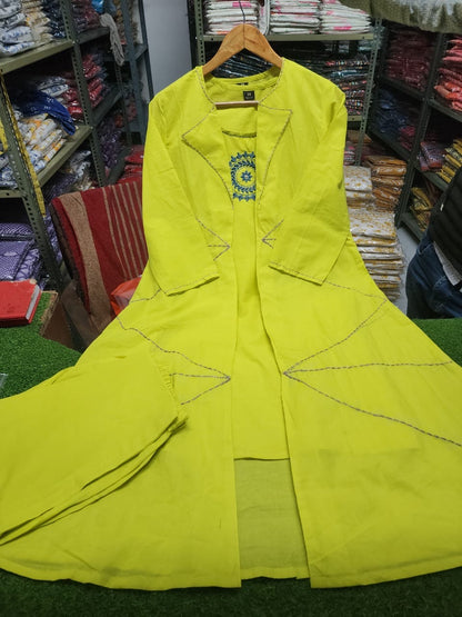 3-Piece Layered Lime Yellow Jacket Kurta Set