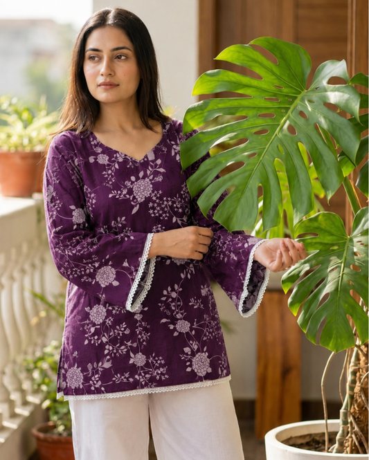 Navy Blue Artisan Boota Flared-Sleeve Tunic