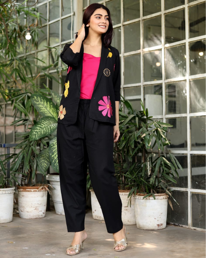 Black floral Embroidered 3-Piece Blazer Co-ord Set