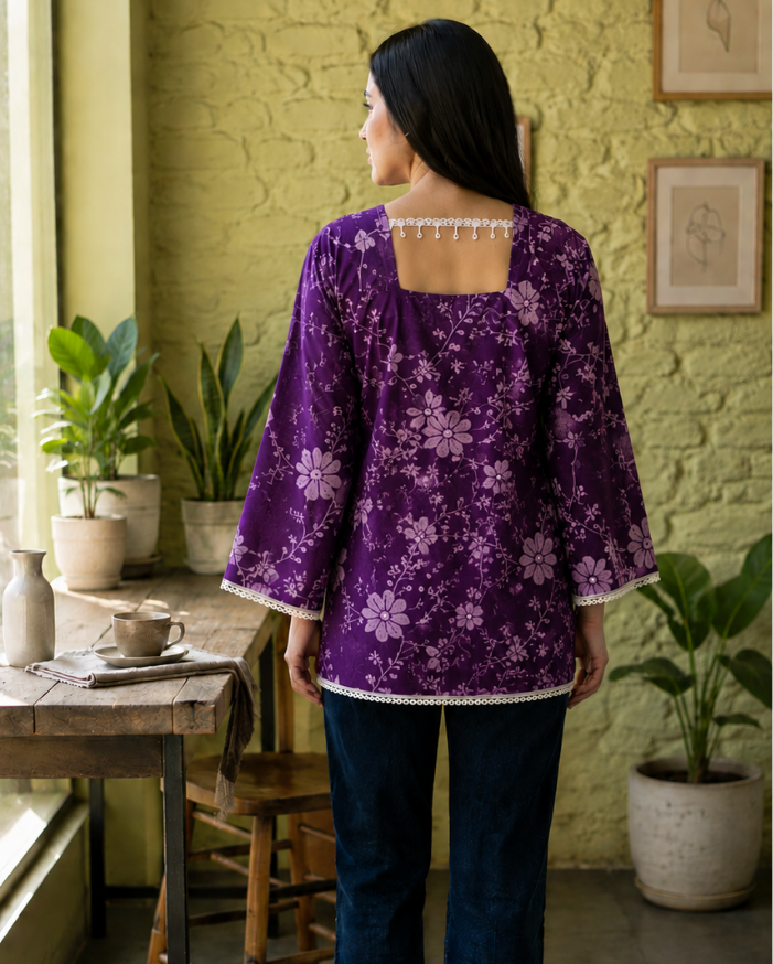 Navy Blue Artisan Boota Flared-Sleeve Tunic