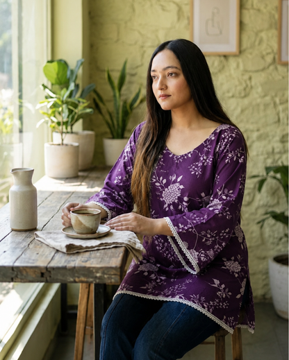 Navy Blue Artisan Boota Flared-Sleeve Tunic