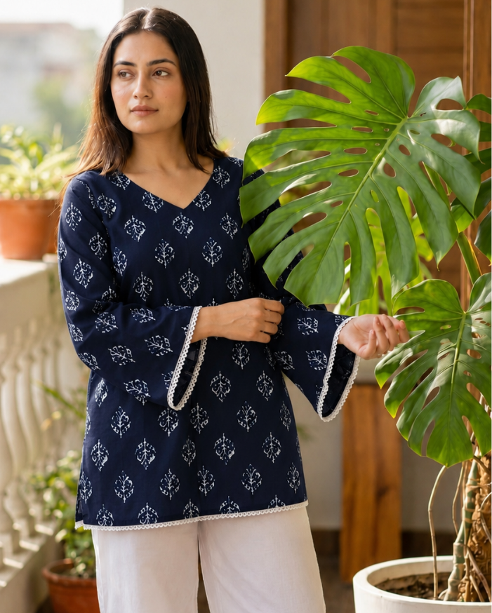Deep Plum Botanical Boota Lace-Trim Tunic