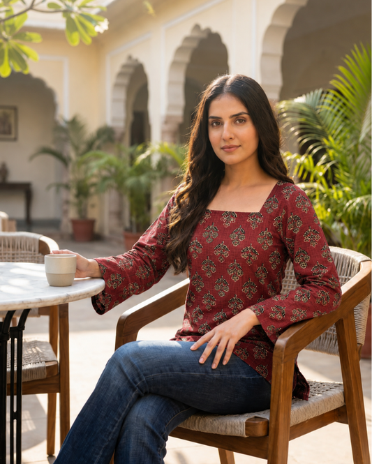 Crimson Red Heritage Motif Square-Neck Tunic