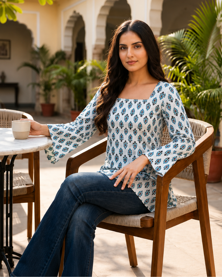 Powder Blue Heritage Buta Square-Neck Tunic