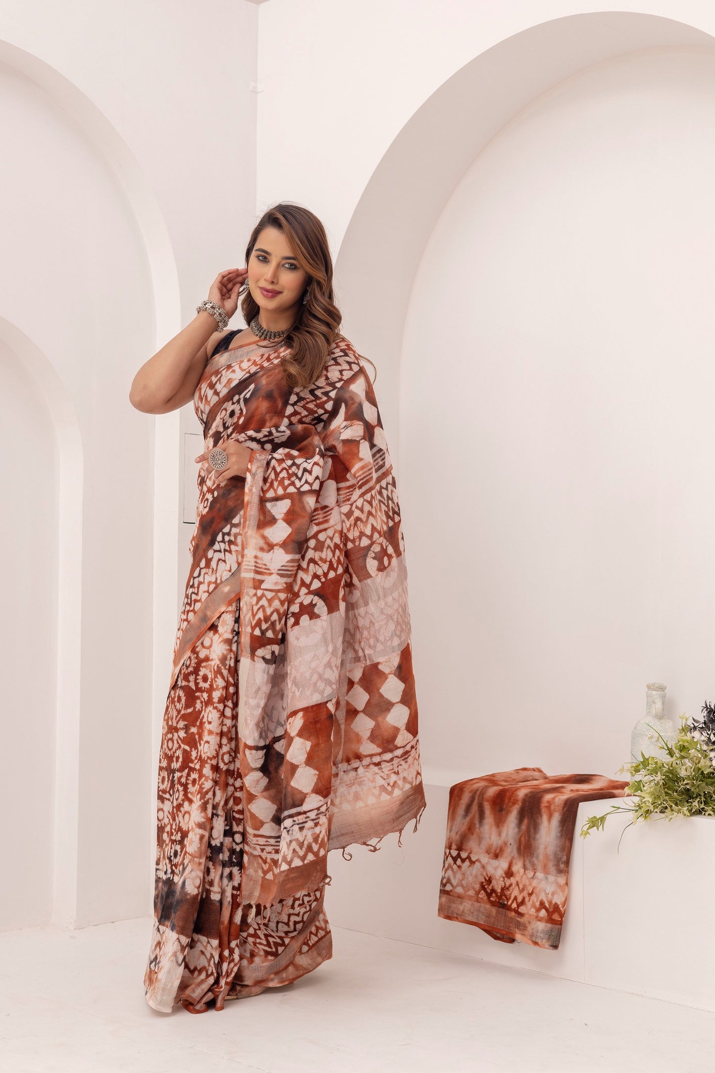 MittiRang Rust Linen Saree